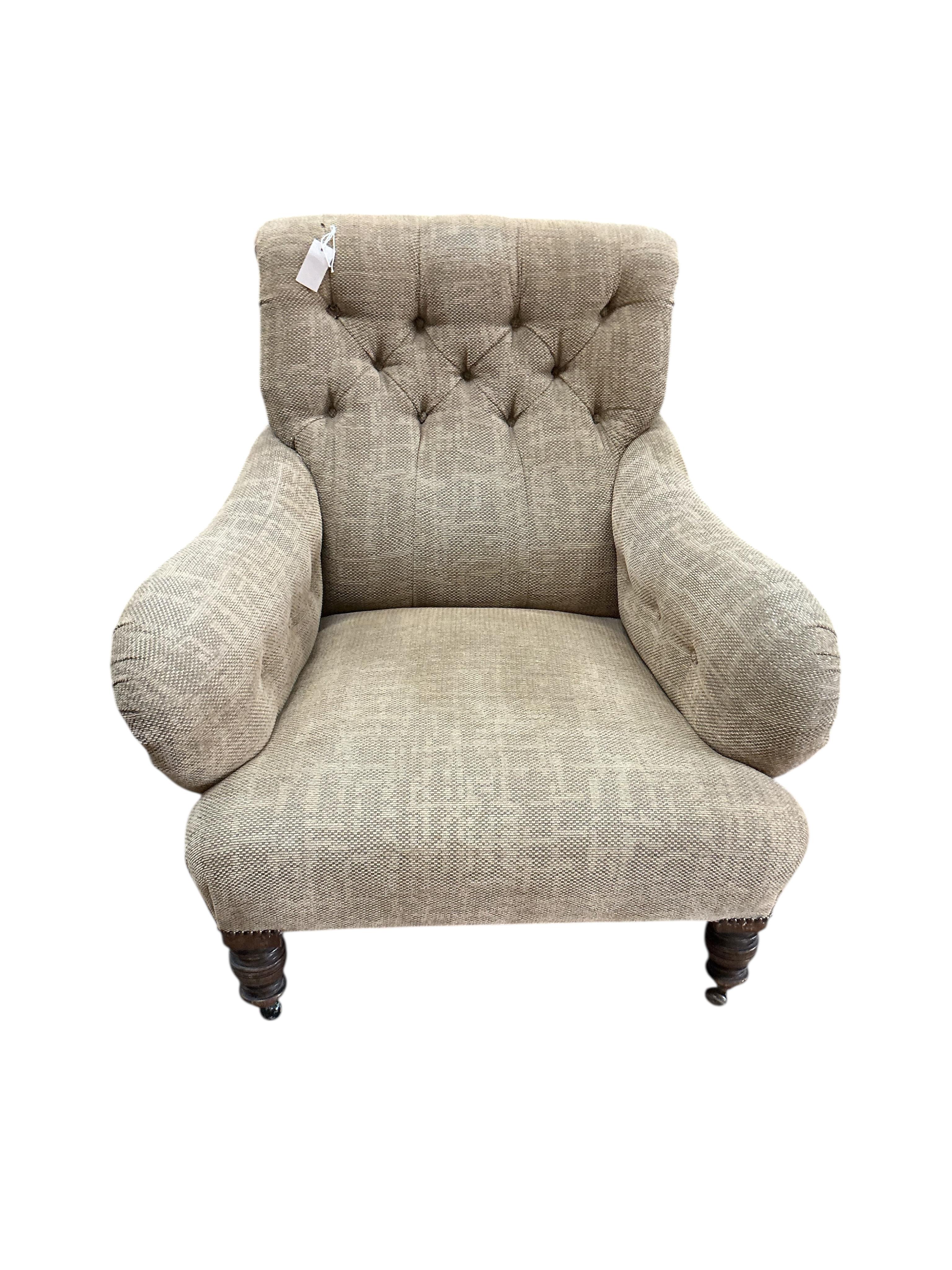 A Victorian Howard style armchair upholstered in buttoned brown tweed type fabric, width 82cm, depth 88cm, height 86cm